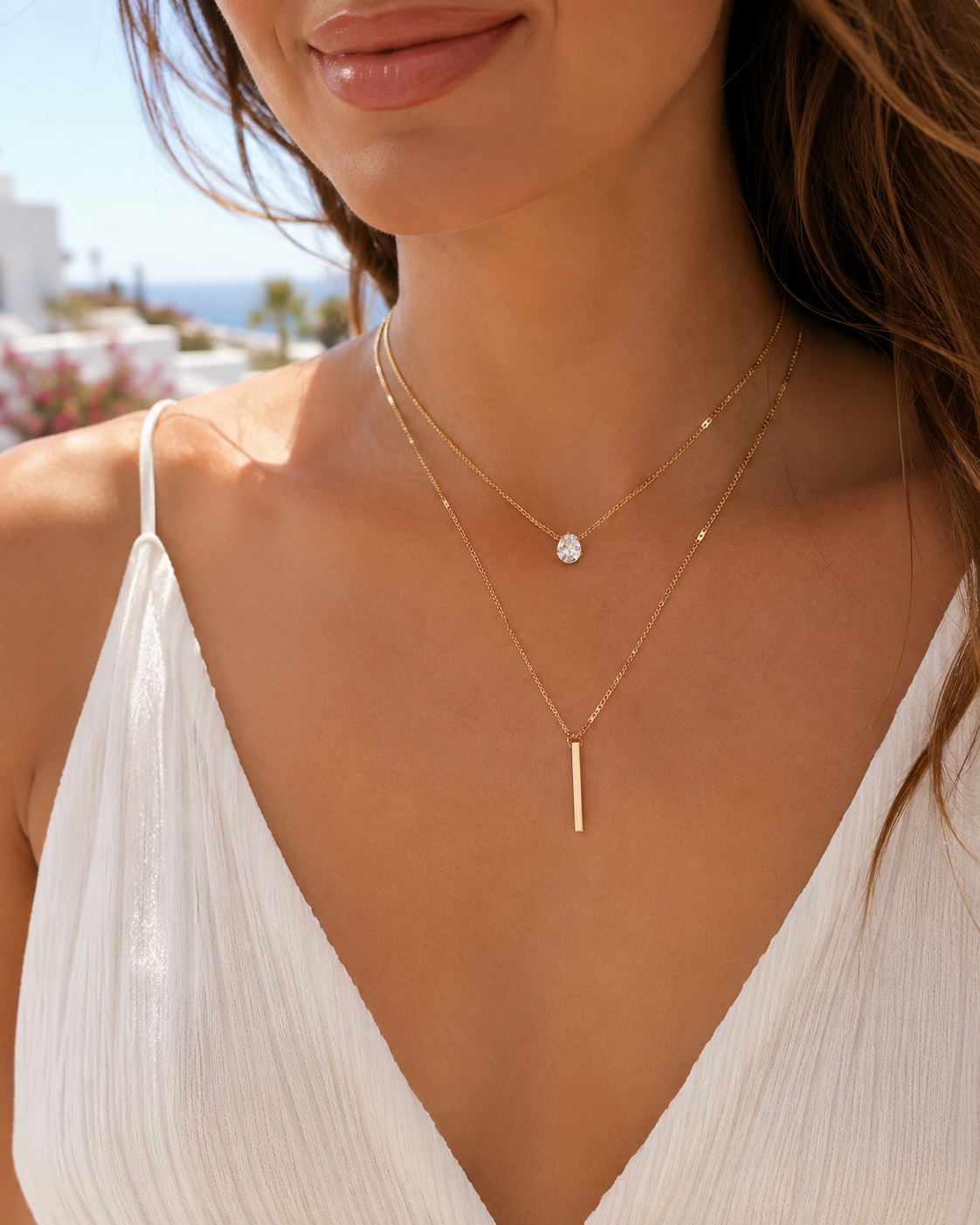Layered Gold Necklace for Women, Dainty Multi-Strand Necklace with Crystal Charm and Bar Pendant, Trendy Everyday Jewelry Gift