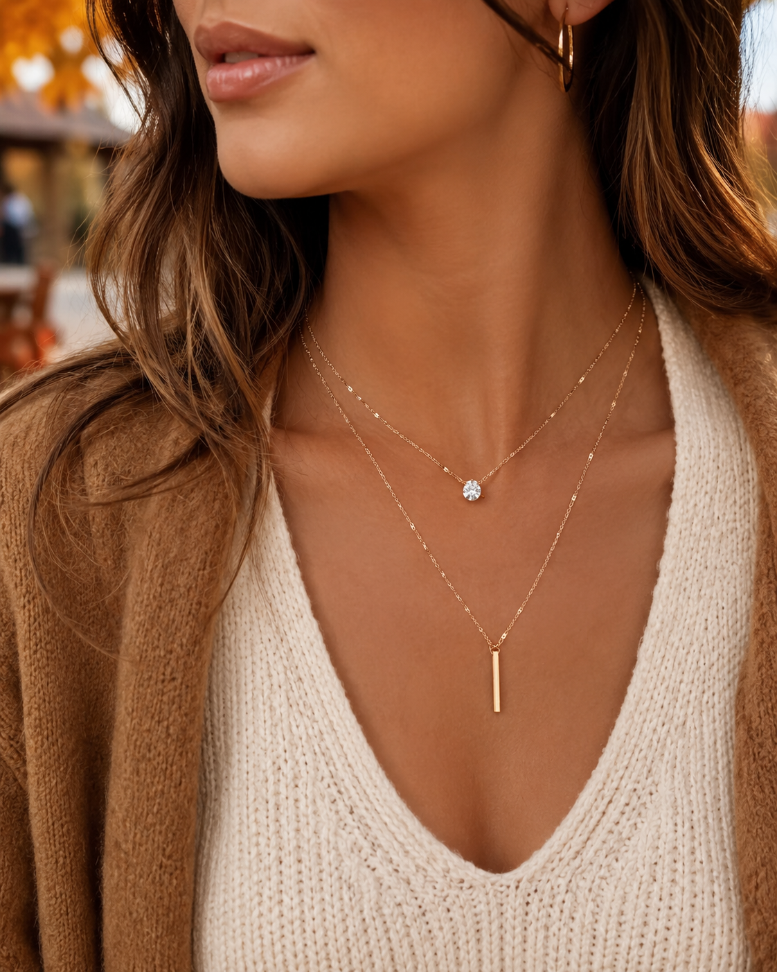 Layered Gold Necklace for Women, Dainty Multi-Strand Necklace with Crystal Charm and Bar Pendant, Trendy Everyday Jewelry Gift