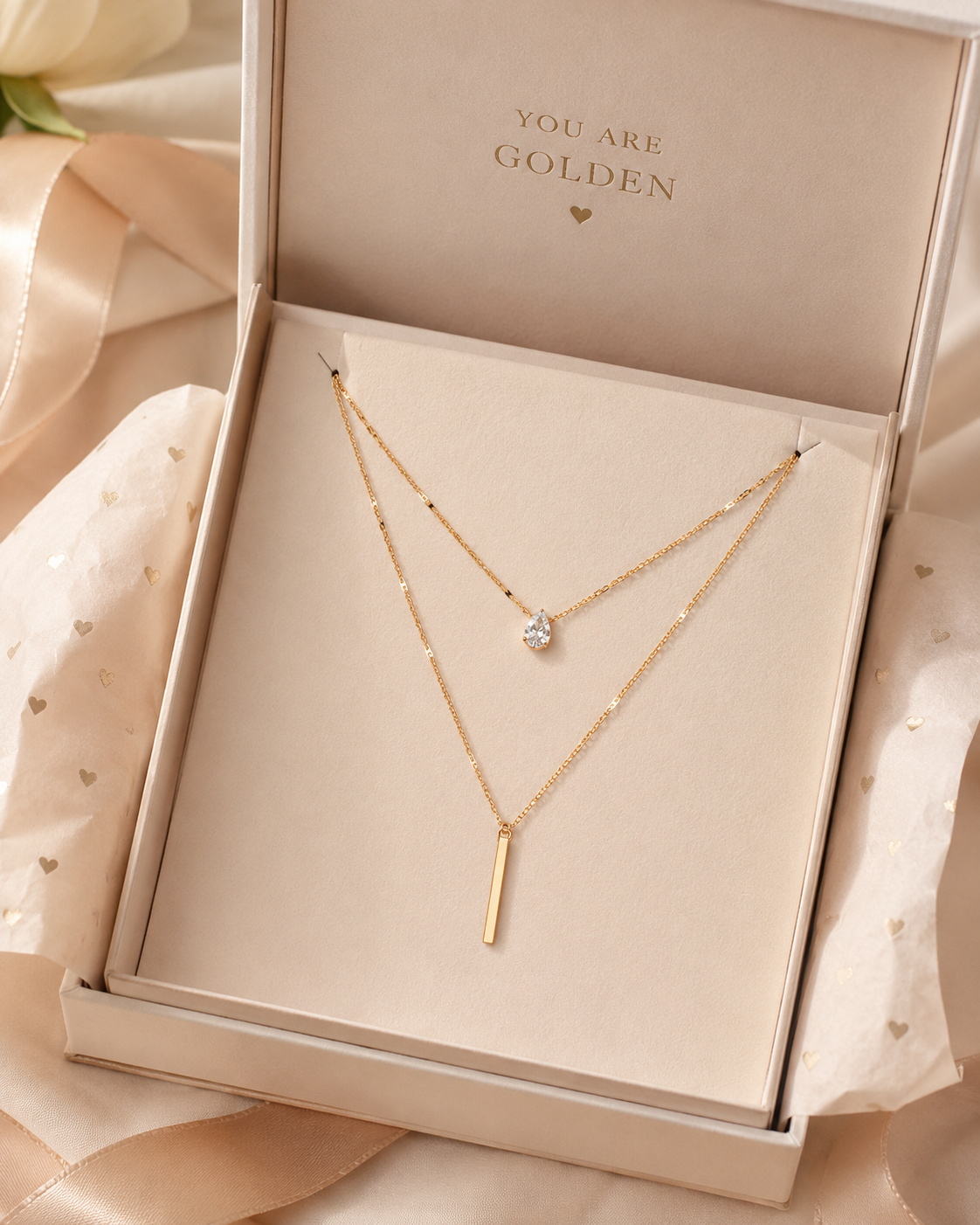 Layered Gold Necklace for Women, Dainty Multi-Strand Necklace with Crystal Charm and Bar Pendant, Trendy Everyday Jewelry Gift