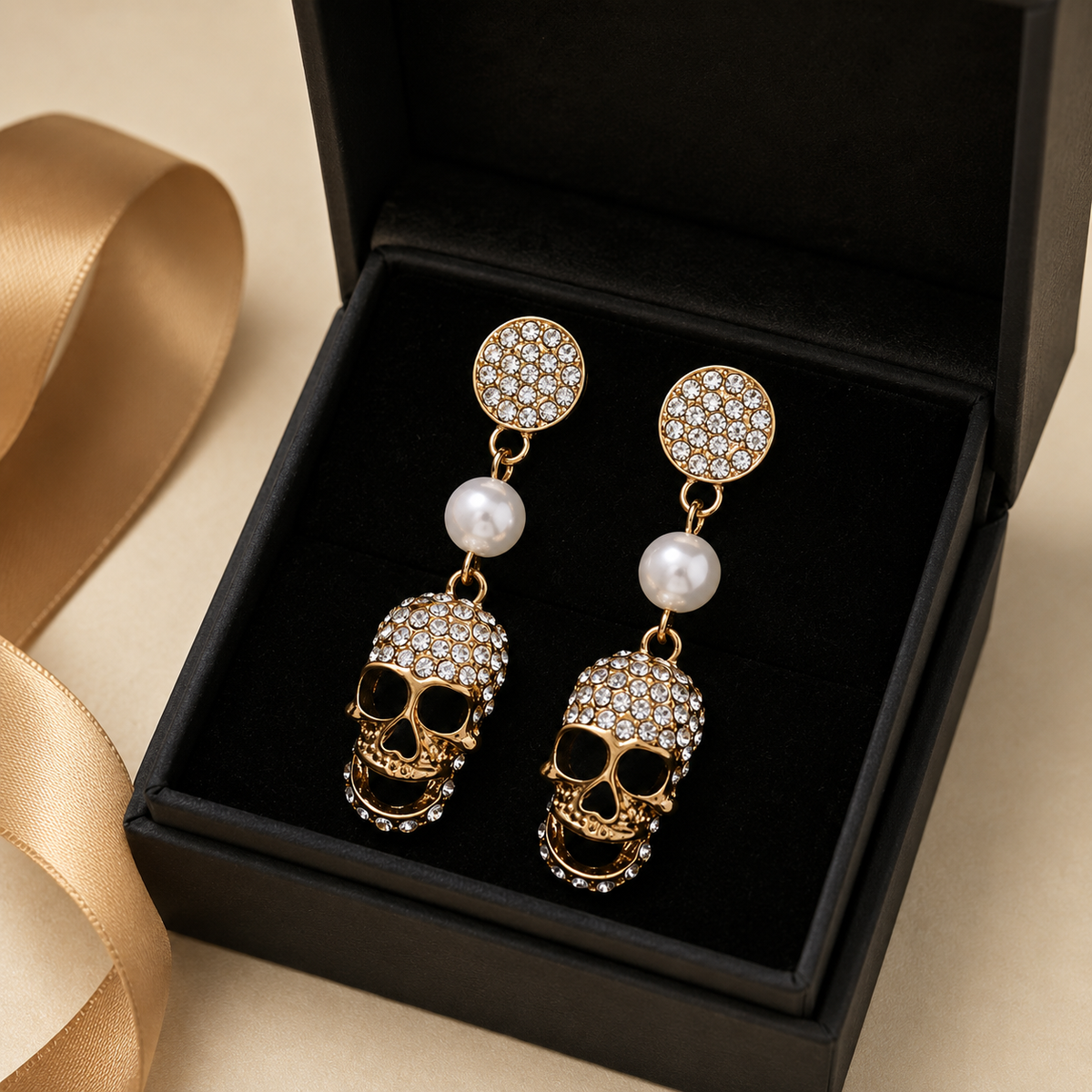 Just Love Jewels Gold-Tone Crystal Skull Drop Earrings with Faux Pearl, Halloween Statement Jewelry for Women