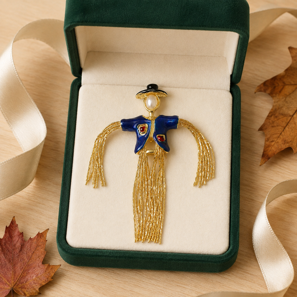 Enamel scarecrow pin worn on coat