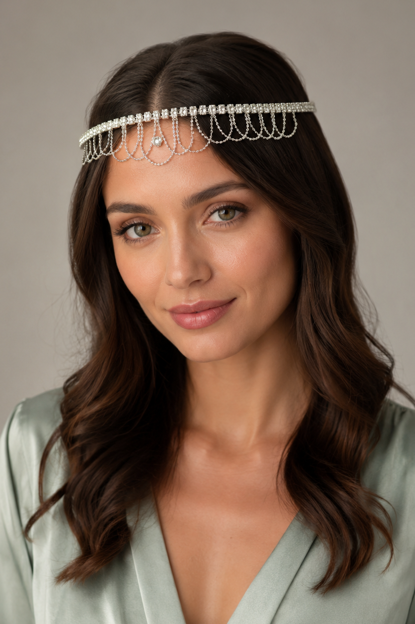 Silver Rhinestone Chain Fringe Headband – Sparkling Crystal Hair Jewelry for Parties, Proms & Weddings