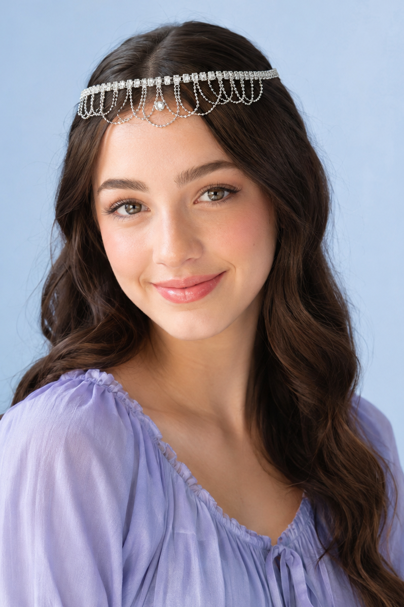 Silver Rhinestone Chain Fringe Headband – Sparkling Crystal Hair Jewelry for Parties, Proms & Weddings
