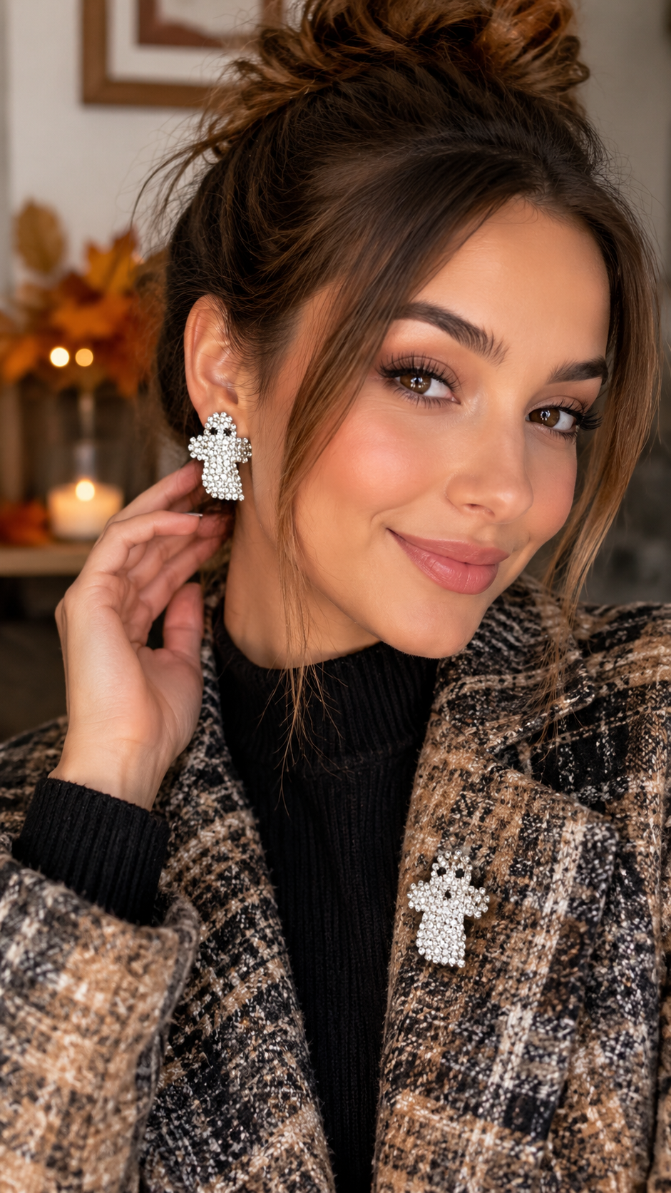 Rhinestone Ghost Pin & Earrings Set Silver Planted Ghost Earrings, Halloween Costume Ghost Jewelry Set