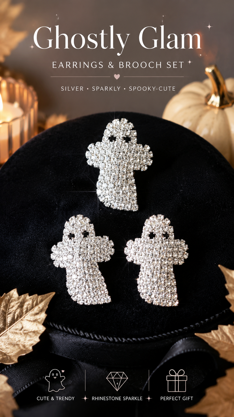 Rhinestone Ghost Pin & Earrings Set Silver Planted Ghost Earrings, Halloween Costume Ghost Jewelry Set