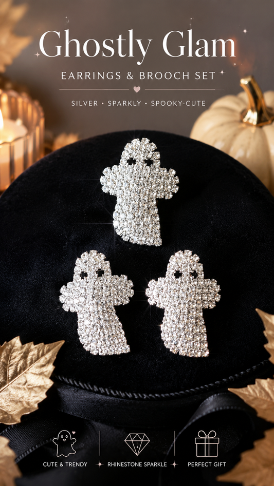 Rhinestone Ghost Pin & Earrings Set Silver Plated Ghost Earrings, Halloween Costume Ghost Jewelry Set