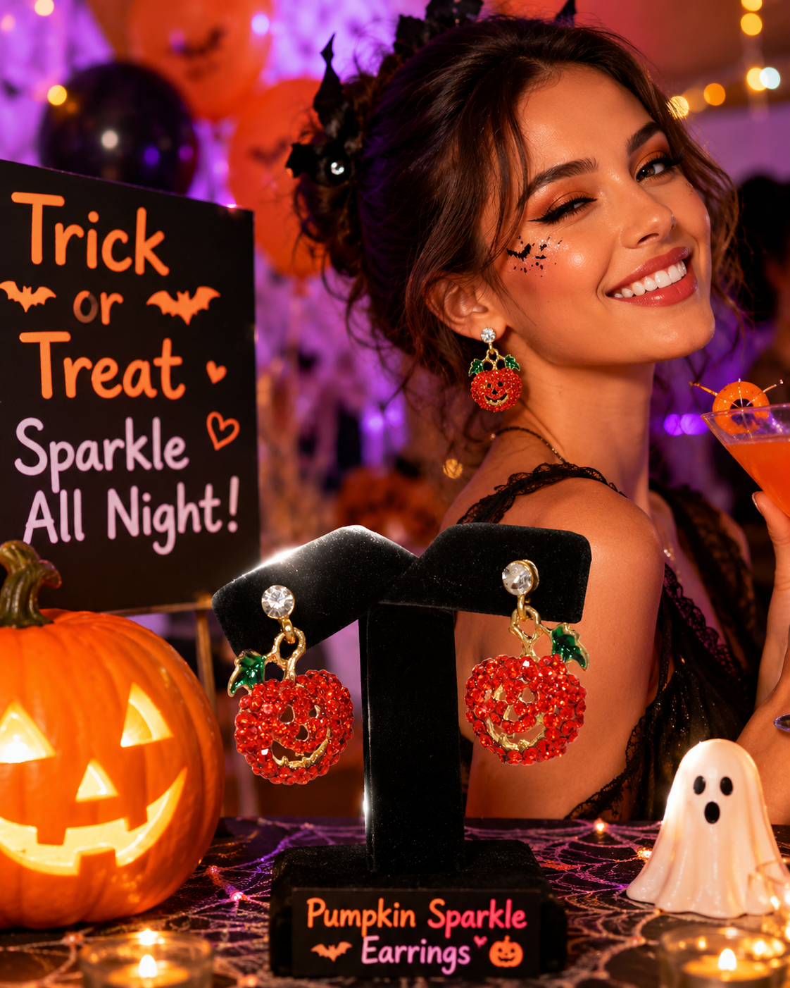 Crystal Ear stud for Girls Fashion Dangle Rhinestone Pumpkin Charms Earrings For Halloween Gifts