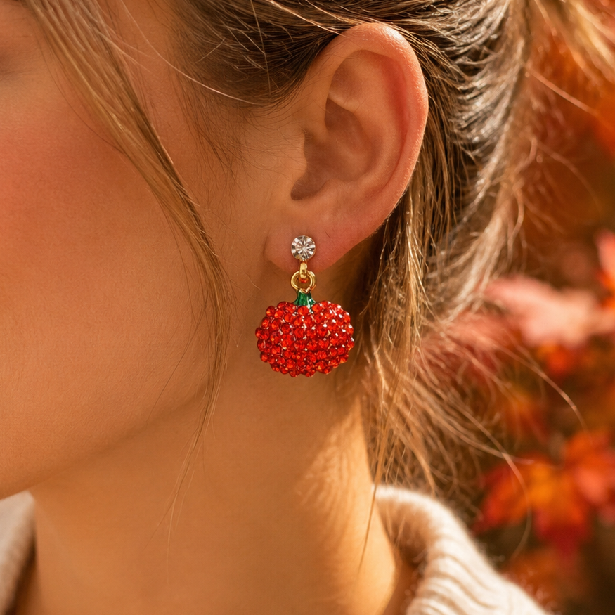 Rhinestone Crystal Halloween Pumpkin Dangle Earring, Solid Orange Pumpkin Earrings, Halloween Earrings Gift For Her