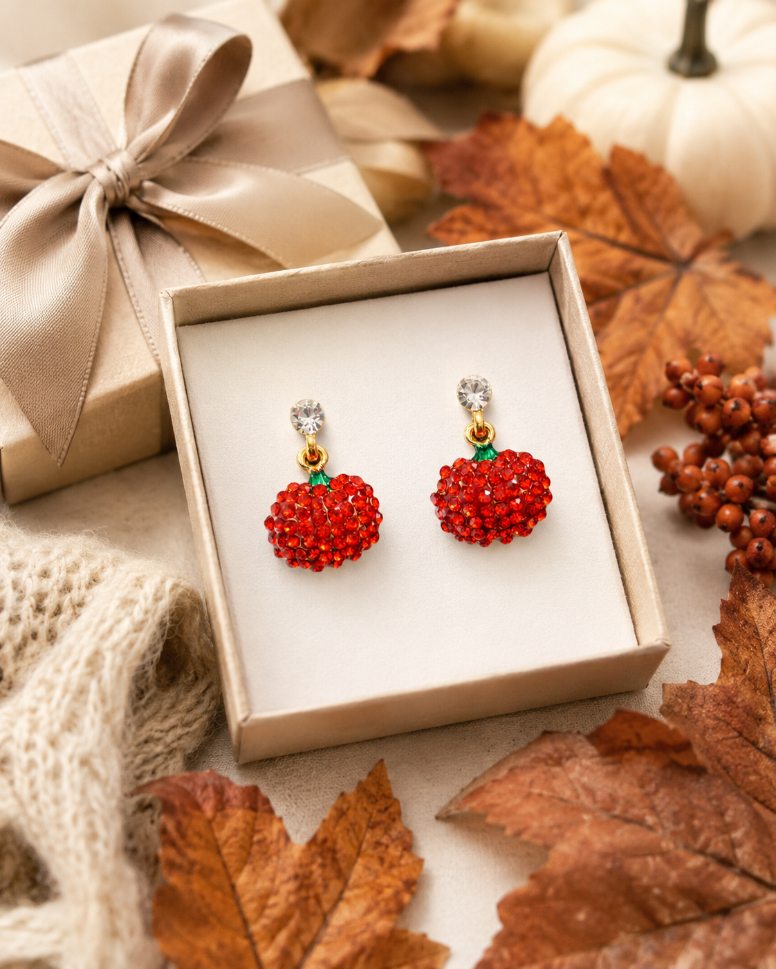 Rhinestone Crystal Halloween Pumpkin Dangle Earring, Solid Orange Pumpkin Earrings, Halloween Earrings Gift For Her