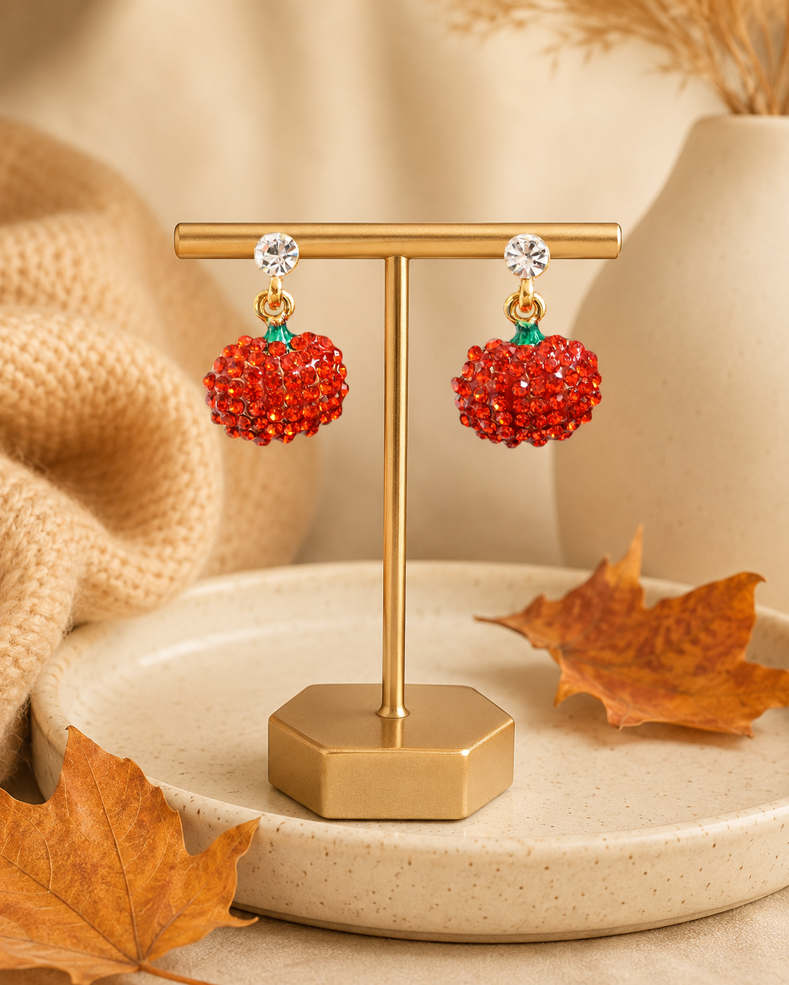 Rhinestone Crystal Halloween Pumpkin Dangle Earring, Solid Orange Pumpkin Earrings, Halloween Earrings Gift For Her