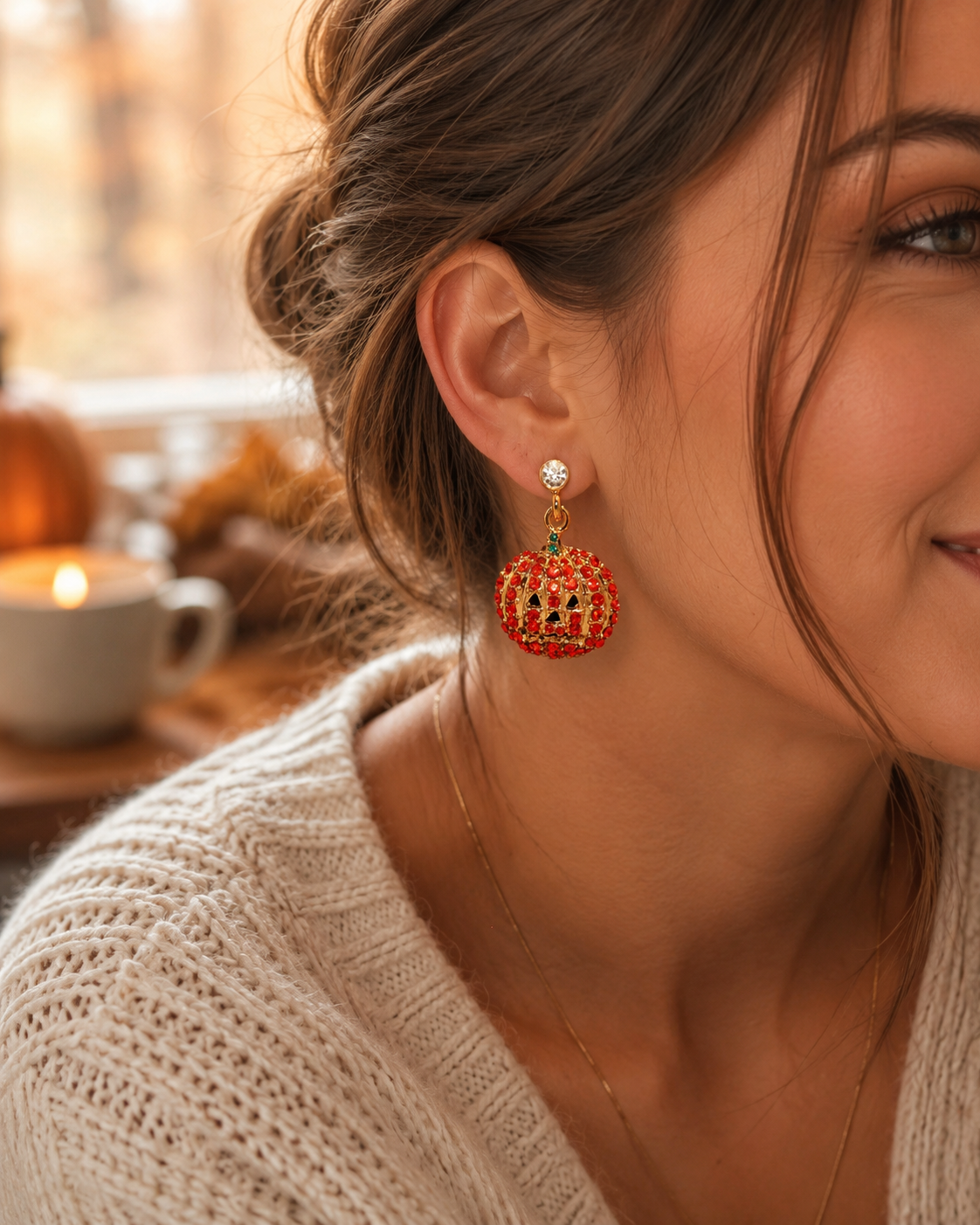 Halloween Pumpkin Drop Dangle Earrings with Orange Crystal Rhinestones, Halloween Earrings, Pumpkin Earrings