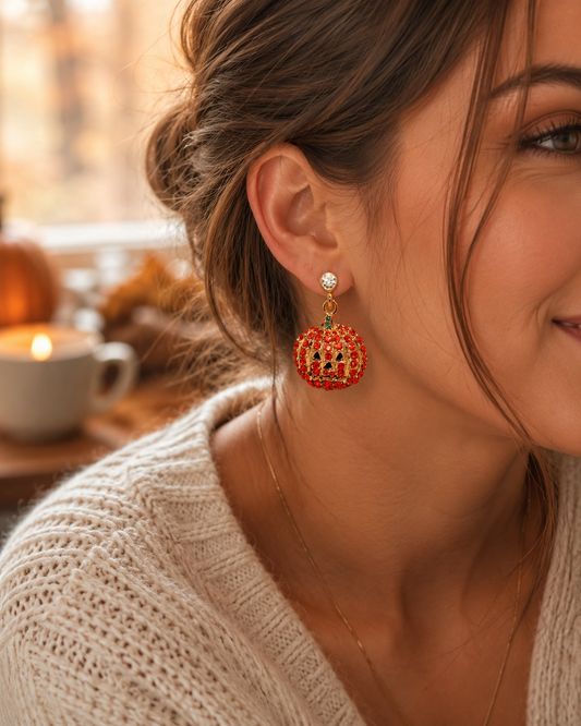 Halloween Pumpkin Drop Dangle Earrings with Orange Crystal Rhinestones, Halloween Earrings, Pumpkin Earrings