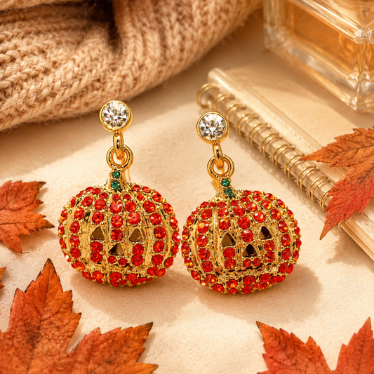 Halloween Pumpkin Drop Dangle Earrings with Orange Crystal Rhinestones, Halloween Earrings, Pumpkin Earrings
