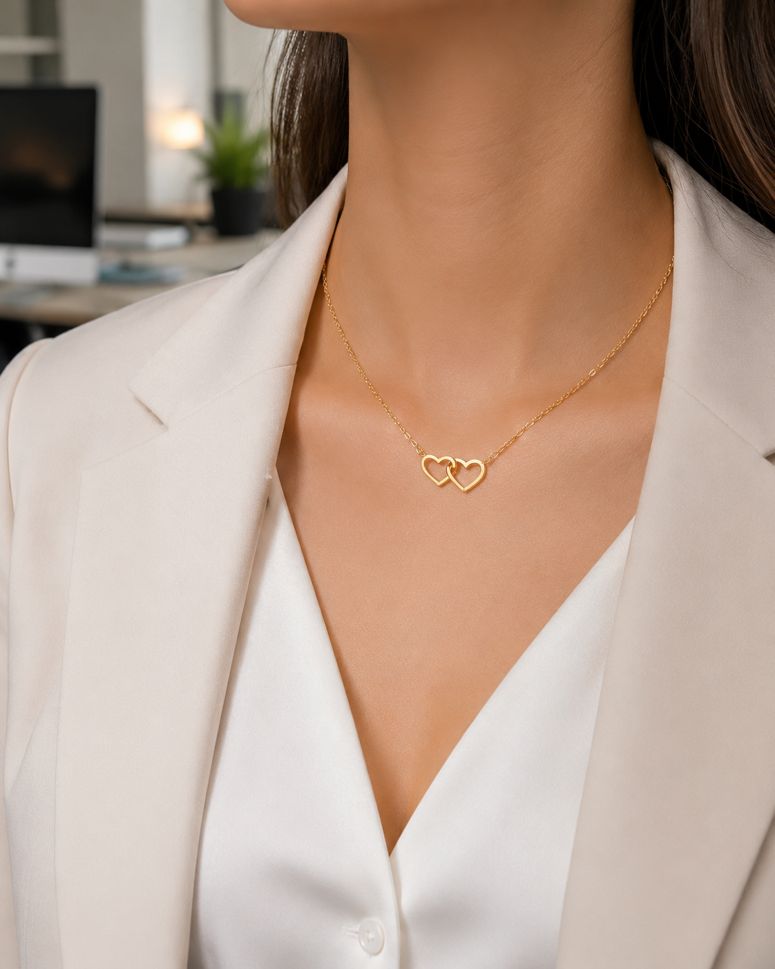 Double Heart Necklace for Women, Gold Tone Open Heart Pendant Necklace, Dainty Love Jewelry Gift