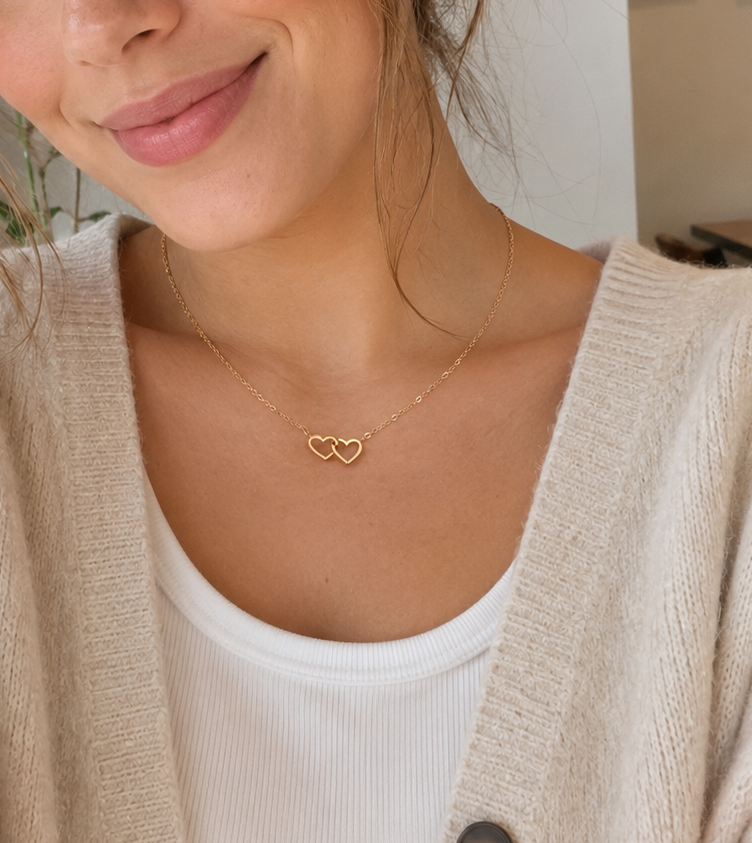 Double Heart Necklace for Women, Gold Tone Open Heart Pendant Necklace, Dainty Love Jewelry Gift