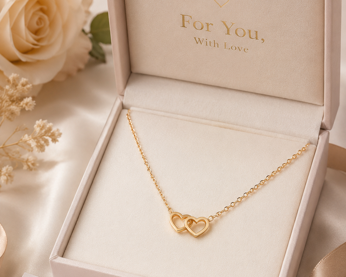 Double Heart Necklace for Women, Gold Tone Open Heart Pendant Necklace, Dainty Love Jewelry Gift