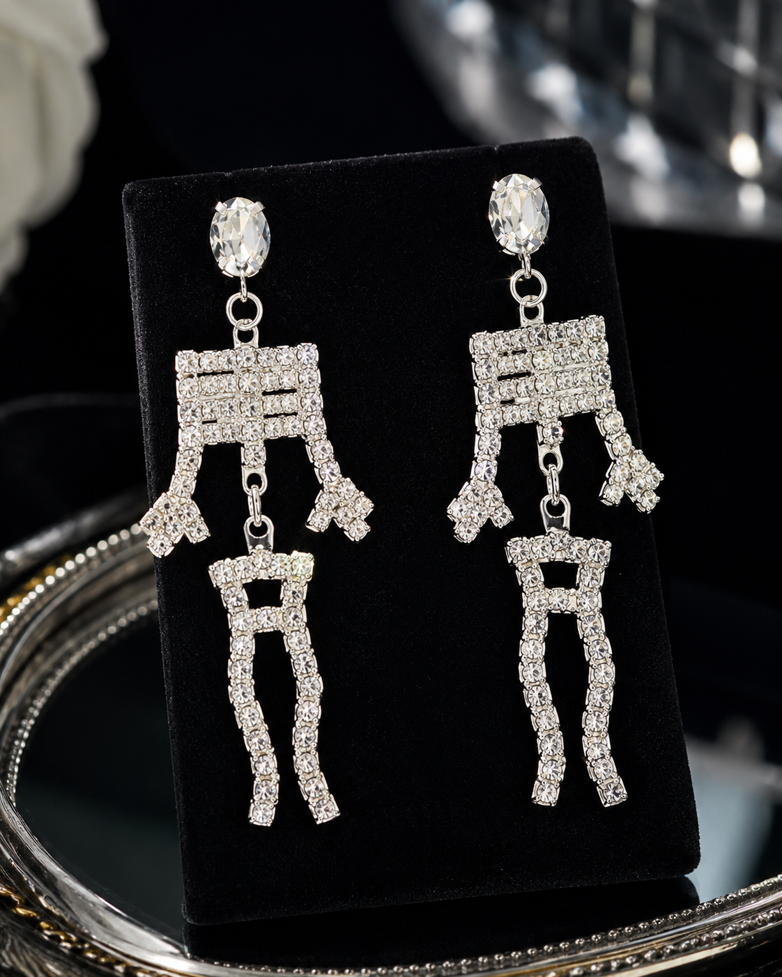 Rhinestone Bling-bling Halloween Skeleton Post Earrings, Crystal Silver Skeleton Earrings