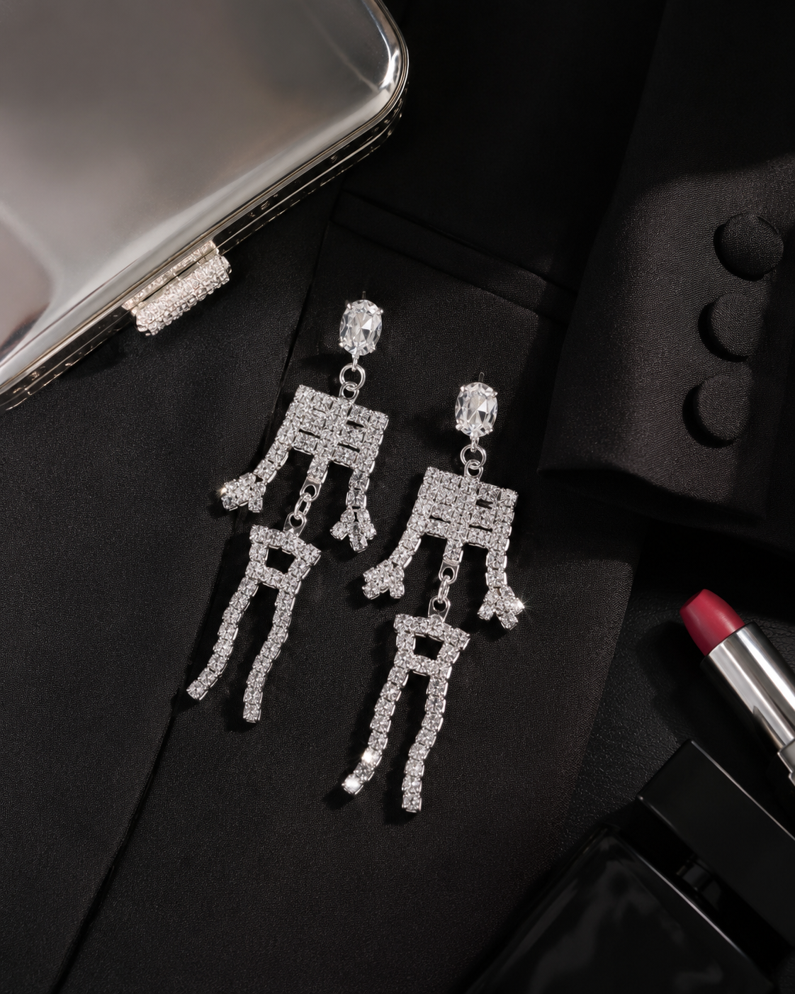 Rhinestone Bling-bling Halloween Skeleton Post Earrings, Crystal Silver Skeleton Earrings