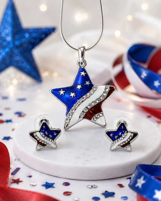 Rhinestone USA Flag Stars Pendant Patriotic Heart Pendant Necklace & Post Heart Earrings Set, Crystal Star Pendant, Star Earrings