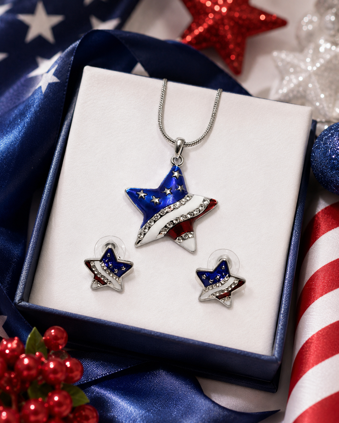 Rhinestone USA Flag Stars Pendant Patriotic Heart Pendant Necklace & Post Heart Earrings Set, Crystal Star Pendant, Star Earrings