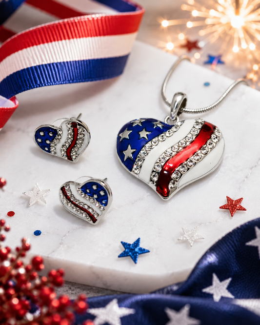 USA Flag Patriotic Heart Pendant, 4th of July Independence Day Heart Pendant Necklace & Heart Earrings Jewelry Set