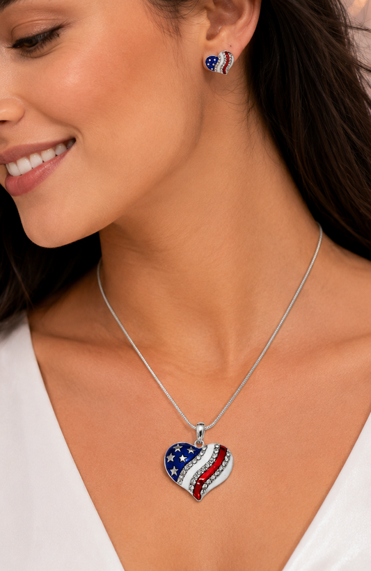 USA Flag Patriotic Heart Pendant, 4th of July Independence Day Heart Pendant Necklace & Heart Earrings Jewelry Set