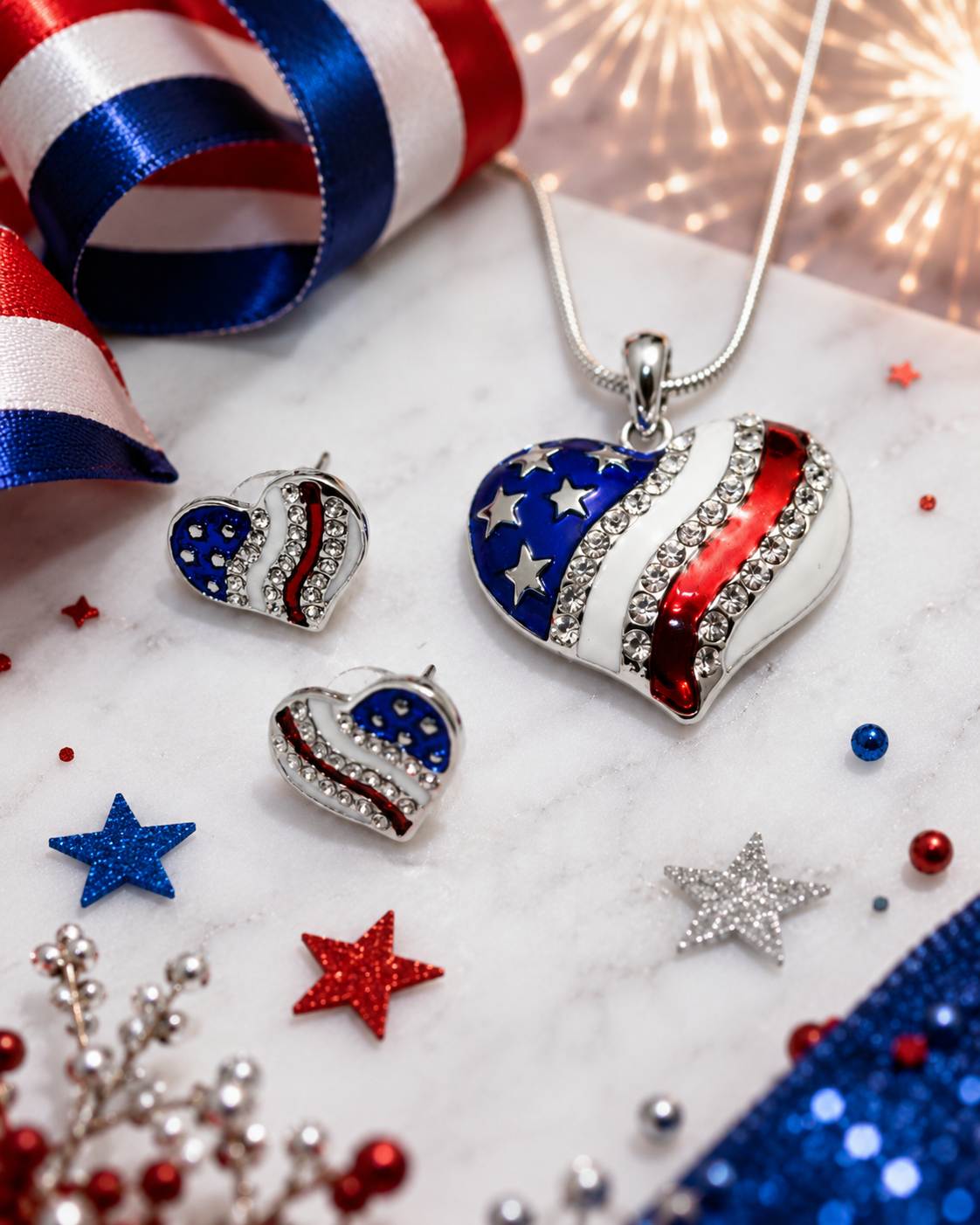 USA Flag Patriotic Heart Pendant, 4th of July Independence Day Heart Pendant Necklace & Heart Earrings Jewelry Set