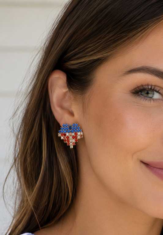 Rhinestone Embellished American USA Flag Heart Stud Earring Gold-Tone patriotic USA Flag Heart Earrings