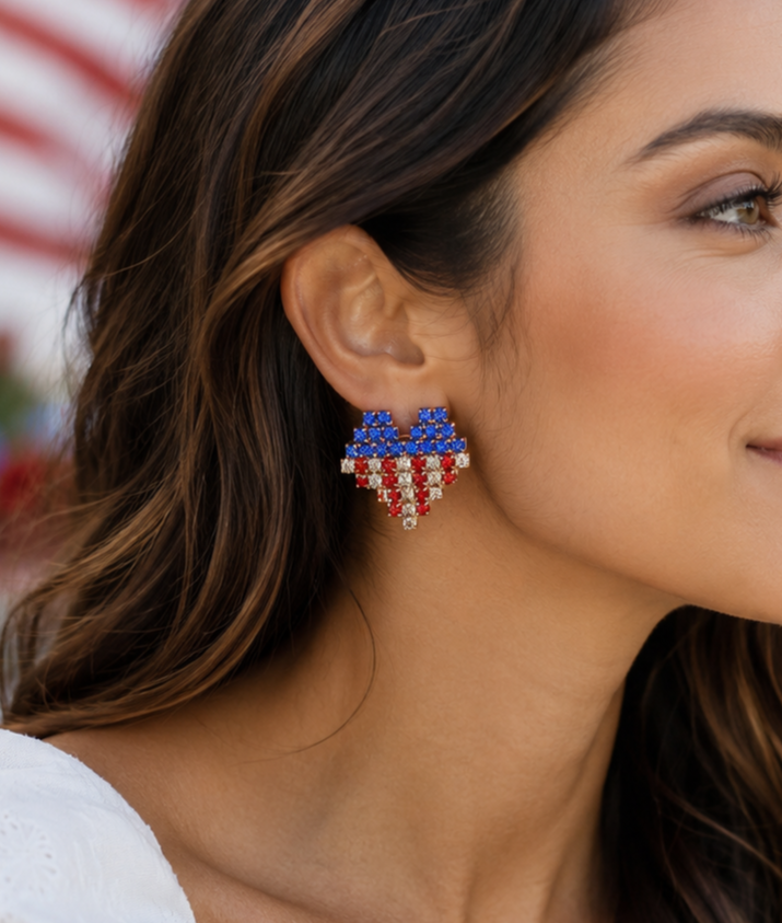 Rhinestone Embellished American USA Flag Heart Stud Earring Gold-Tone patriotic USA Flag Heart Earrings