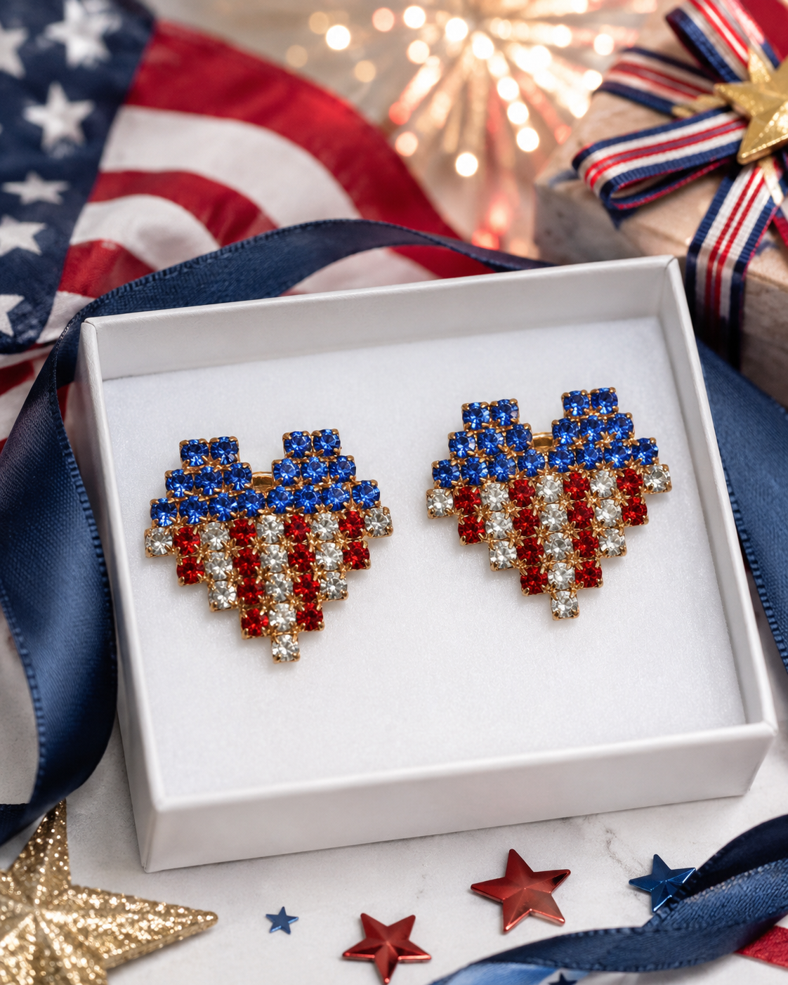 Rhinestone Embellished American USA Flag Heart Stud Earring Gold-Tone patriotic USA Flag Heart Earrings