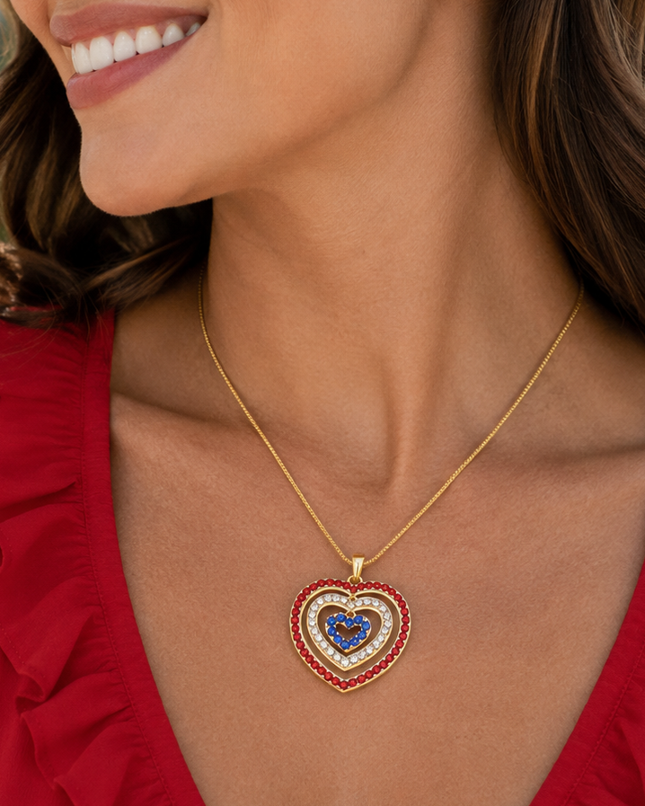 Rhinestone USA American Flag Triple Heart Patriotic 4th of July Independence Day Pendant Necklace