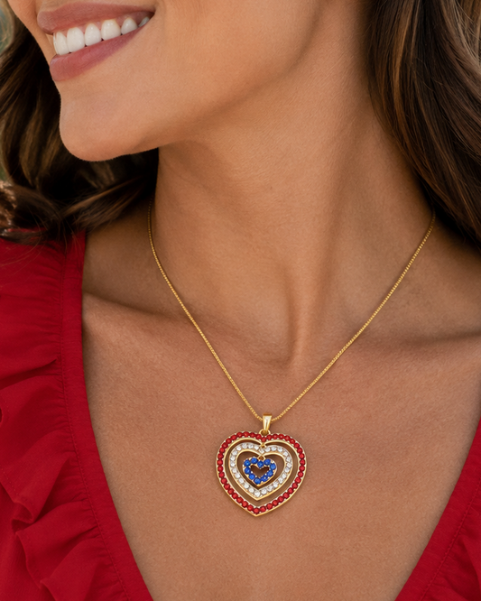 Rhinestone USA American Flag Triple Heart Patriotic 4th of July Independence Day Pendant Necklace