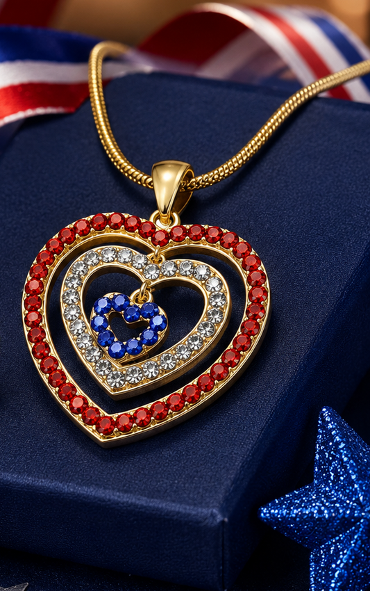 Rhinestone USA American Flag Triple Heart Patriotic 4th of July Independence Day Pendant Necklace