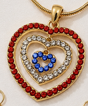 Rhinestone USA American Flag Triple Heart Patriotic 4th of July Independence Day Pendant Necklace