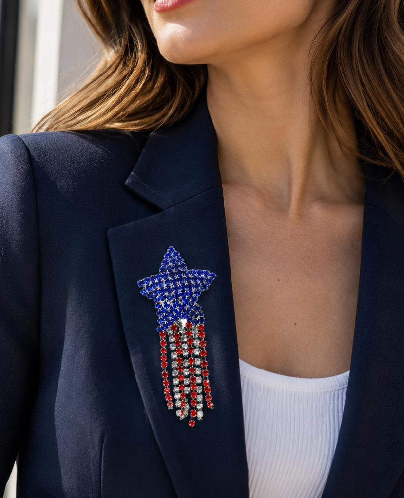 Crystal Shooting Star Brooch Red White Blue Rhinestone Shooting Star Pin USA Patriotic 4th of July Independence Day Gift,
