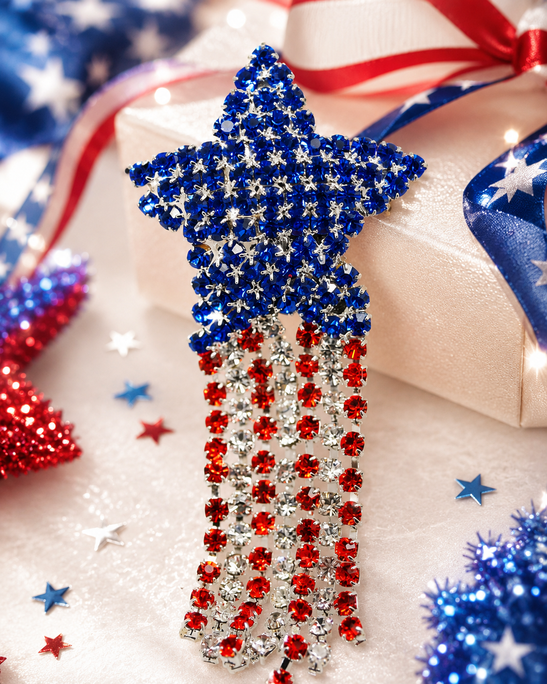 Crystal Shooting Star Brooch Red White Blue Rhinestone Shooting Star Pin USA Patriotic 4th of July Independence Day Gift,