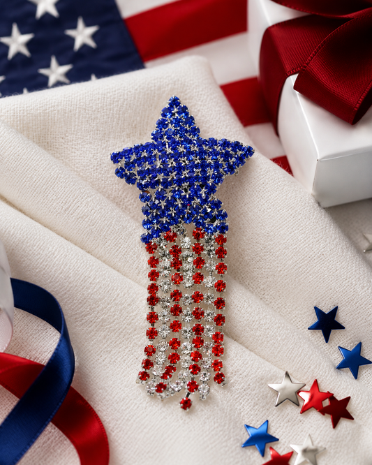 Crystal Shooting Star Brooch Red White Blue Rhinestone Shooting Star Pin USA Patriotic 4th of July Independence Day Gift,