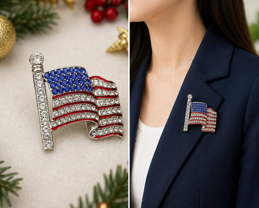 Vintage Silver Tone Crystal Rhinestone 4th of July American USA Flag Patriotic Pin Brooch