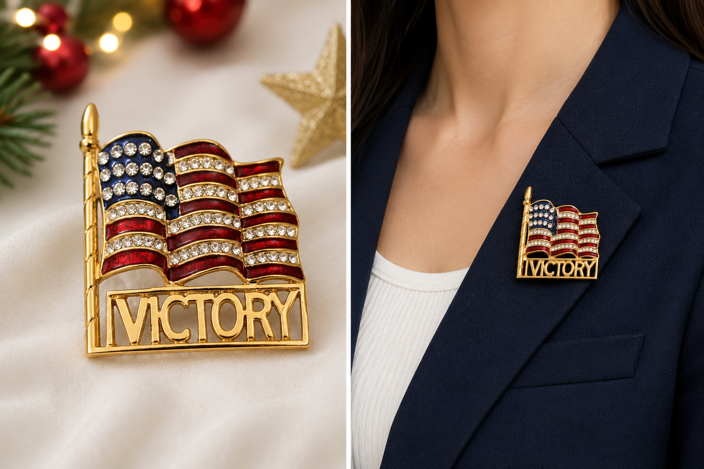 Red White Blue USA Patriotic Flag Rhinestone Pin Brooch, Vintage 4th July Jewelry Victory Brooch