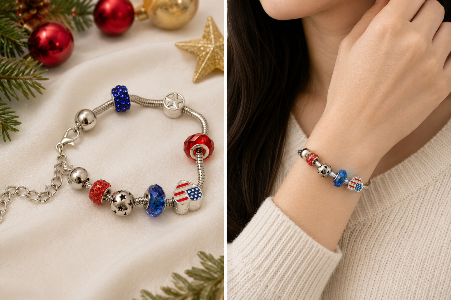 USA Flag Charm Beads Chain Adjustable Bracelet, Patriotic Beads Bracelet Jewelry