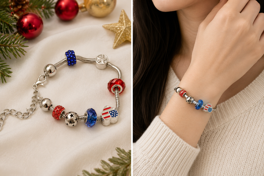 USA Flag Charm Beads Chain Adjustable Bracelet, Patriotic Beads Bracelet Jewelry