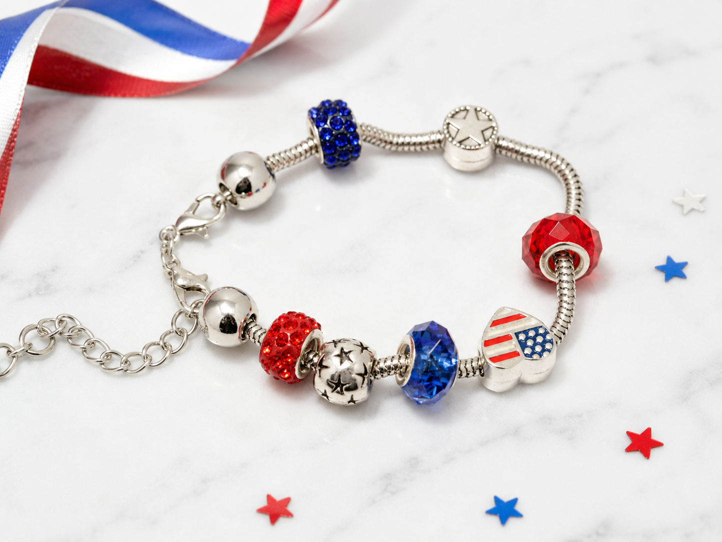 USA Flag Charm Beads Chain Adjustable Bracelet, Patriotic Beads Bracelet Jewelry