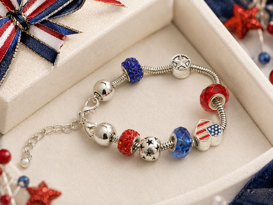 USA Flag Charm Beads Chain Adjustable Bracelet, Patriotic Beads Bracelet Jewelry
