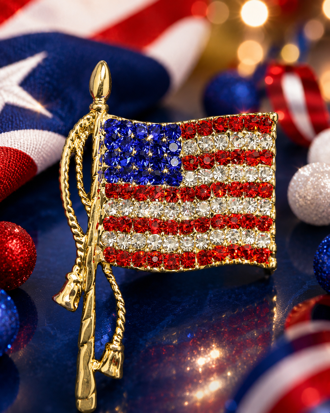 American Flag Brooches Lapel Pins USA National Flag Sparkling Crystal Rhinestone 4th of July Patriotic Jewelry