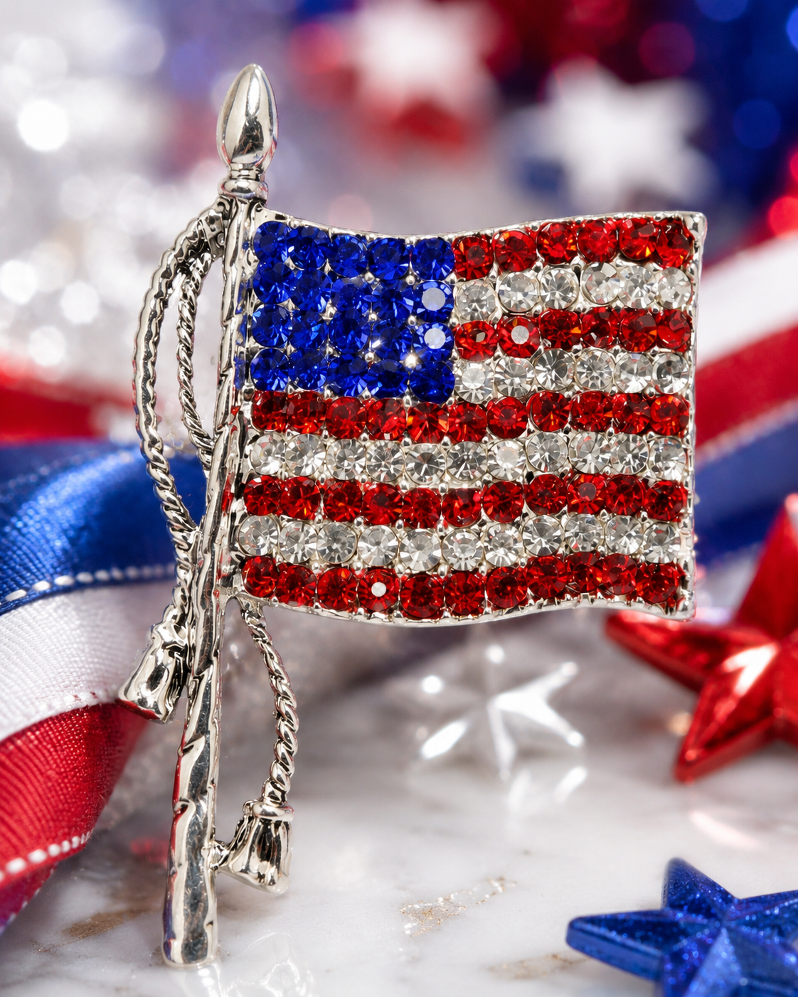 American Flag Brooches Lapel Pins USA National Flag Sparkling Crystal Rhinestone 4th of July Patriotic Jewelry