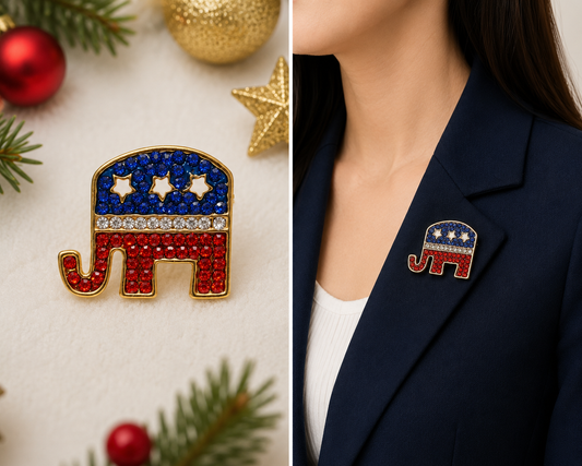 Red White Blue Republican GOP Elephant Sparkling Rhinestone Brooch Pin + Pendant, 4th July Patriotic Fashion Jewelry