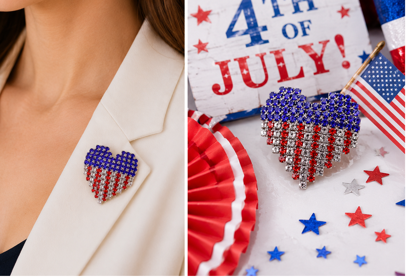 Rhinestone USA Patriotic 4th July Red White Blue Heart Pin Brooch