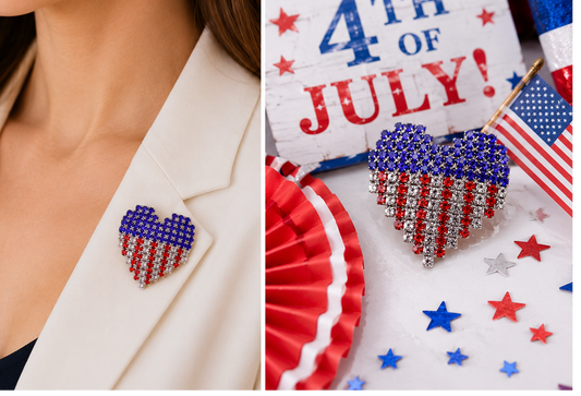 Rhinestone USA Patriotic 4th July Red White Blue Heart Pin Brooch