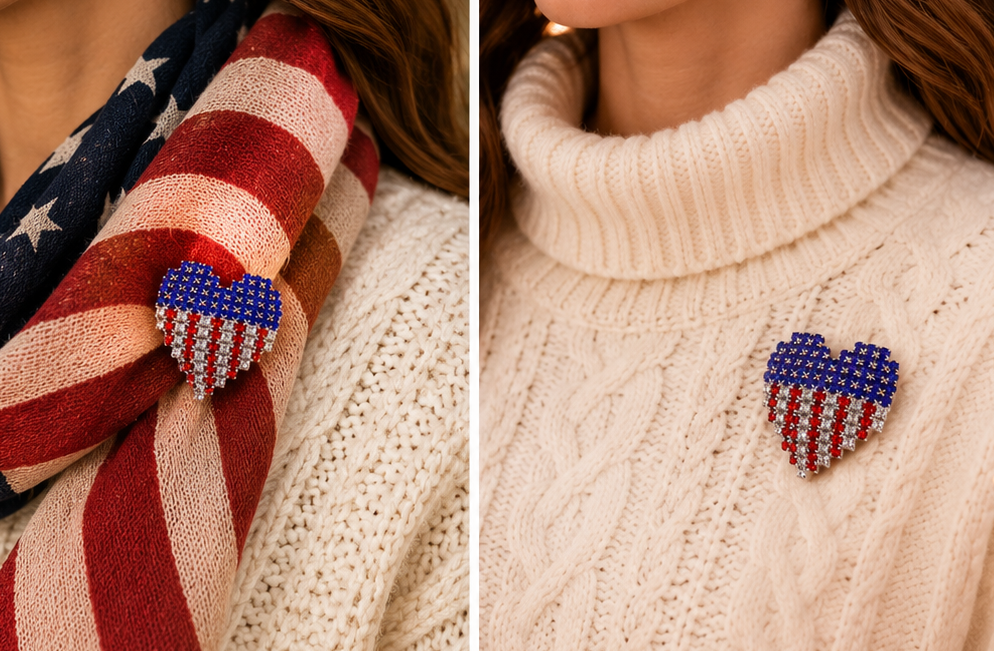 Rhinestone USA Patriotic 4th July Red White Blue Heart Pin Brooch