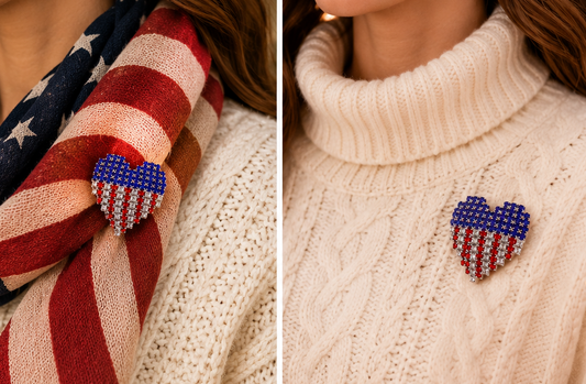 Rhinestone USA Patriotic 4th July Red White Blue Heart Pin Brooch